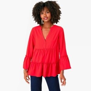 Pomander Place Womens Large Red Crepe Kenzo Long Sleeve V Neck Blouse Tuckernuck